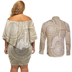 50 Years Deadly NAIDOC Week 2026 Personalised Couples Matching Off Shoulder Short Dress and Long Sleeve Button Shirt Dhari Beige Indigenous Art