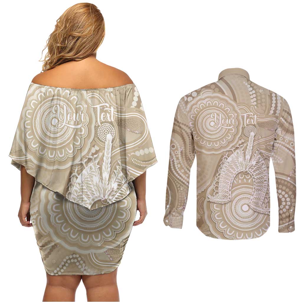 50 Years Deadly NAIDOC Week 2026 Personalised Couples Matching Off Shoulder Short Dress and Long Sleeve Button Shirt Dhari Beige Indigenous Art