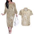 50 Years Deadly NAIDOC Week 2026 Personalised Couples Matching Off The Shoulder Long Sleeve Dress and Hawaiian Shirt Dhari Beige Indigenous Art