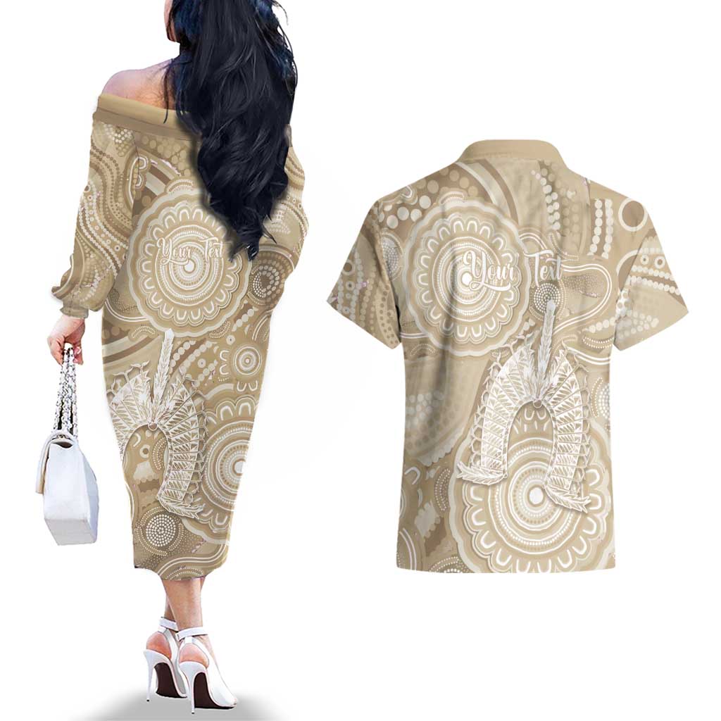50 Years Deadly NAIDOC Week 2026 Personalised Couples Matching Off The Shoulder Long Sleeve Dress and Hawaiian Shirt Dhari Beige Indigenous Art