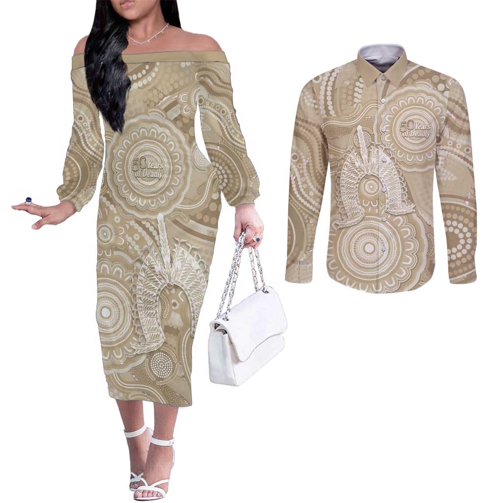50 Years Deadly NAIDOC Week 2026 Personalised Couples Matching Off The Shoulder Long Sleeve Dress and Long Sleeve Button Shirt Dhari Beige Indigenous Art