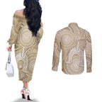 50 Years Deadly NAIDOC Week 2026 Personalised Couples Matching Off The Shoulder Long Sleeve Dress and Long Sleeve Button Shirt Dhari Beige Indigenous Art