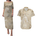50 Years Deadly NAIDOC Week 2026 Personalised Couples Matching Puletasi and Hawaiian Shirt Dhari Beige Indigenous Art