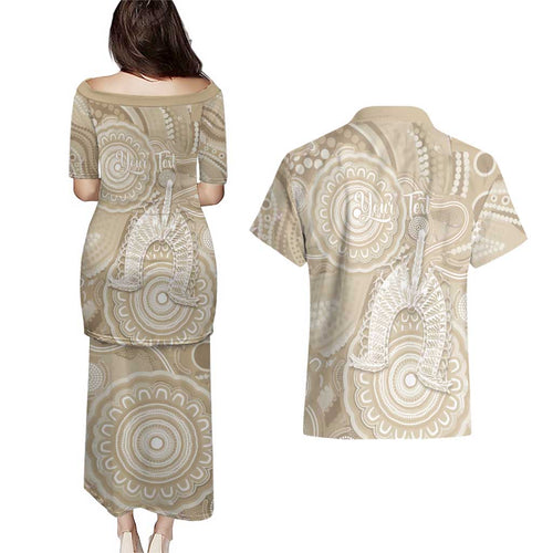 50 Years Deadly NAIDOC Week 2026 Personalised Couples Matching Puletasi and Hawaiian Shirt Dhari Beige Indigenous Art
