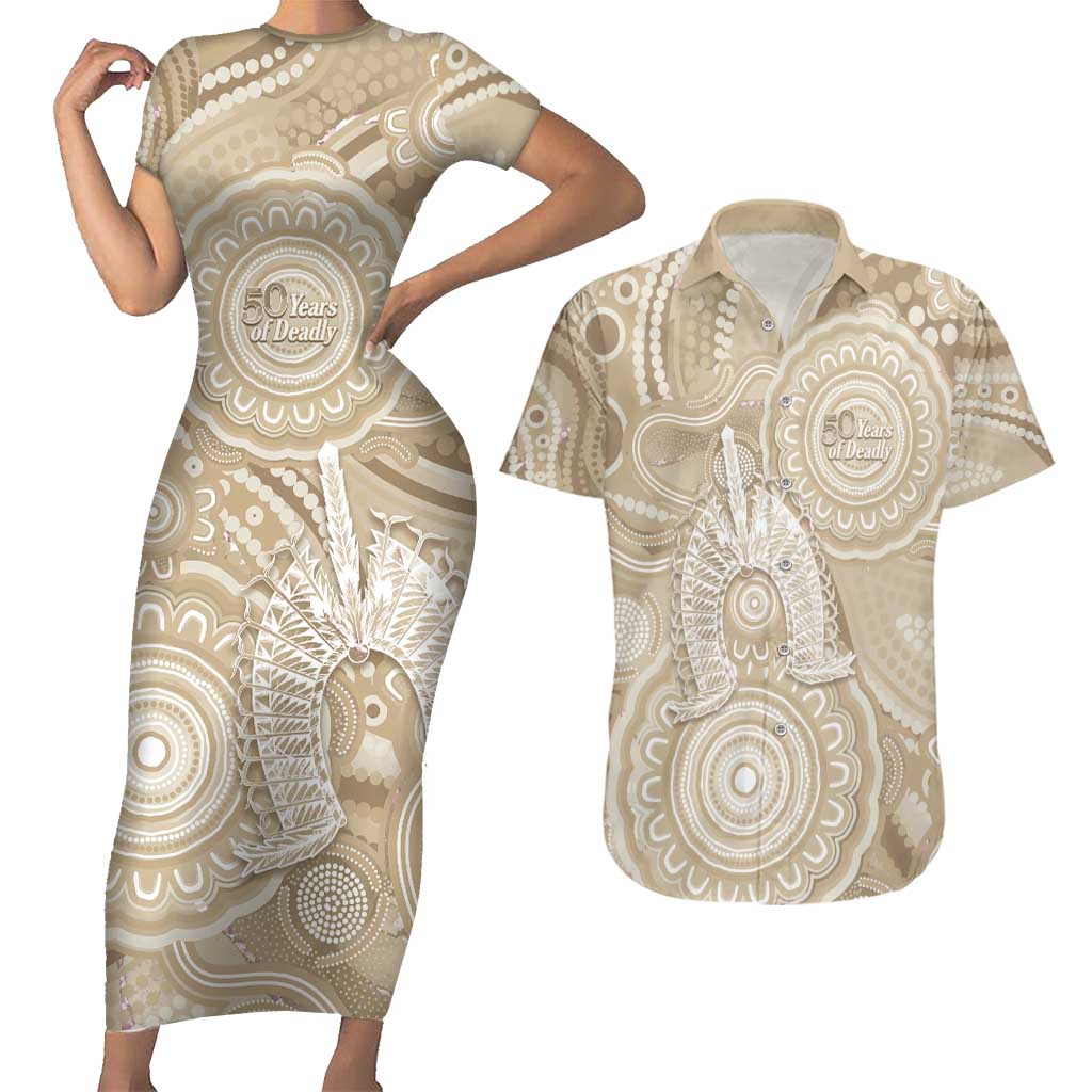50 Years Deadly NAIDOC Week 2026 Personalised Couples Matching Short Sleeve Bodycon Dress and Hawaiian Shirt Dhari Beige Indigenous Art