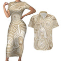50 Years Deadly NAIDOC Week 2026 Personalised Couples Matching Short Sleeve Bodycon Dress and Hawaiian Shirt Dhari Beige Indigenous Art