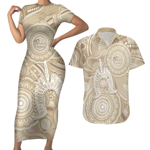50 Years Deadly NAIDOC Week 2026 Personalised Couples Matching Short Sleeve Bodycon Dress and Hawaiian Shirt Dhari Beige Indigenous Art