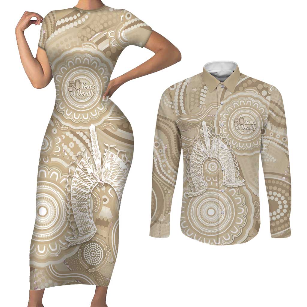 50 Years Deadly NAIDOC Week 2026 Personalised Couples Matching Short Sleeve Bodycon Dress and Long Sleeve Button Shirt Dhari Beige Indigenous Art