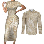 50 Years Deadly NAIDOC Week 2026 Personalised Couples Matching Short Sleeve Bodycon Dress and Long Sleeve Button Shirt Dhari Beige Indigenous Art