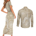 50 Years Deadly NAIDOC Week 2026 Personalised Couples Matching Short Sleeve Bodycon Dress and Long Sleeve Button Shirt Dhari Beige Indigenous Art