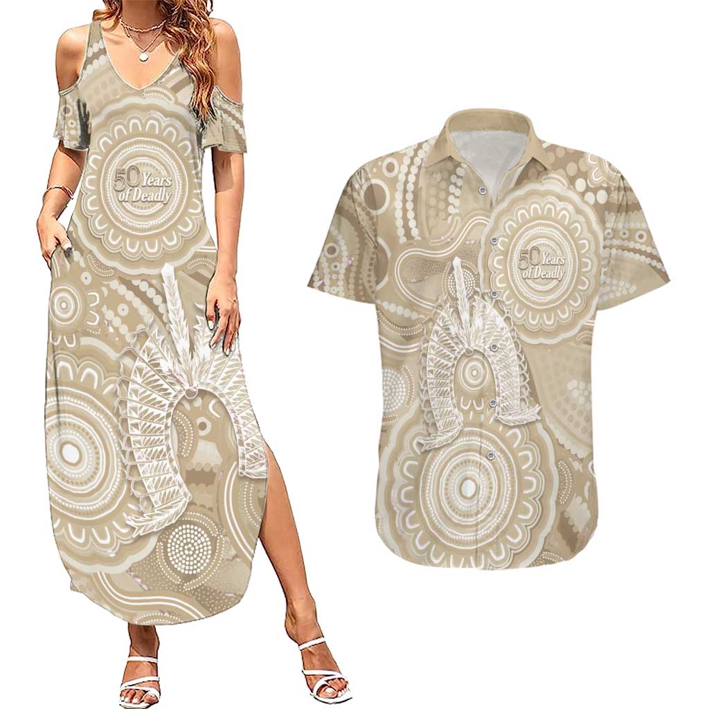 50 Years Deadly NAIDOC Week 2026 Personalised Couples Matching Summer Maxi Dress and Hawaiian Shirt Dhari Beige Indigenous Art