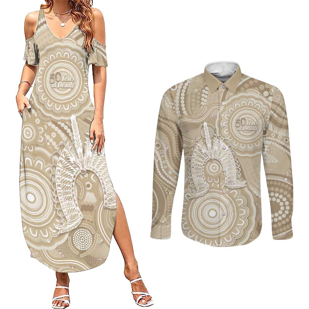 50 Years Deadly NAIDOC Week 2026 Personalised Couples Matching Summer Maxi Dress and Long Sleeve Button Shirt Dhari Beige Indigenous Art