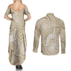 50 Years Deadly NAIDOC Week 2026 Personalised Couples Matching Summer Maxi Dress and Long Sleeve Button Shirt Dhari Beige Indigenous Art