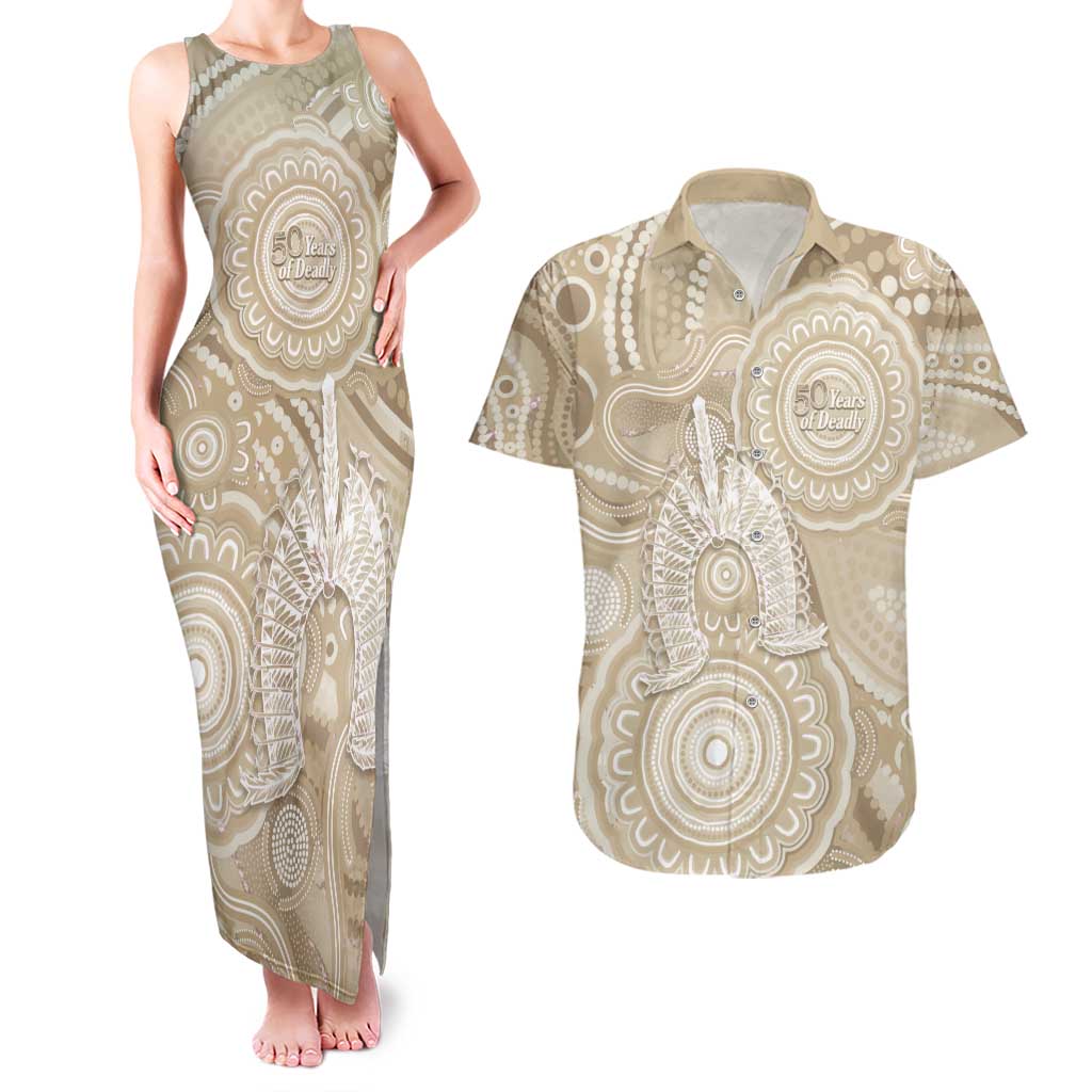 50 Years Deadly NAIDOC Week 2026 Personalised Couples Matching Tank Maxi Dress and Hawaiian Shirt Dhari Beige Indigenous Art