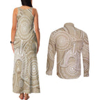 50 Years Deadly NAIDOC Week 2026 Personalised Couples Matching Tank Maxi Dress and Long Sleeve Button Shirt Dhari Beige Indigenous Art