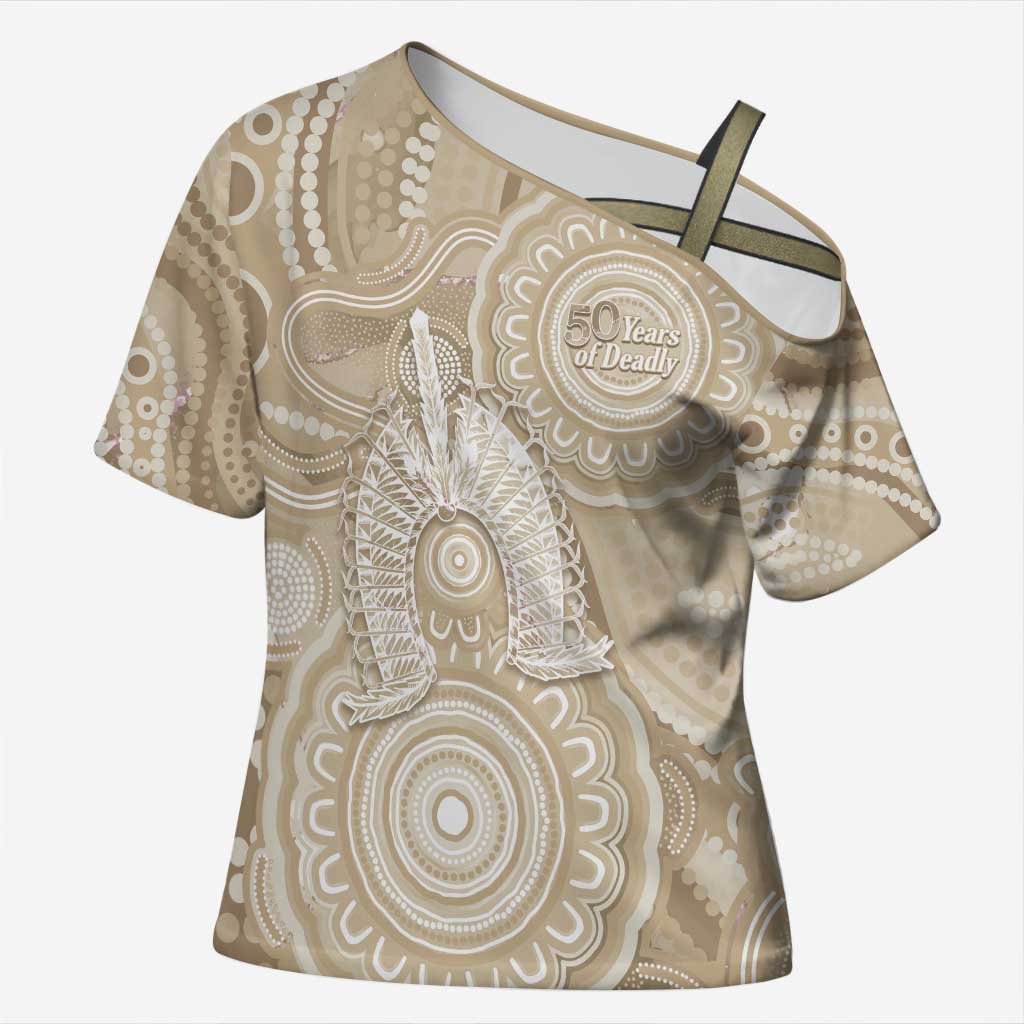 50 Years Deadly NAIDOC Week 2026 Personalised Cross Shoulder Shirt Dhari Beige Indigenous Art