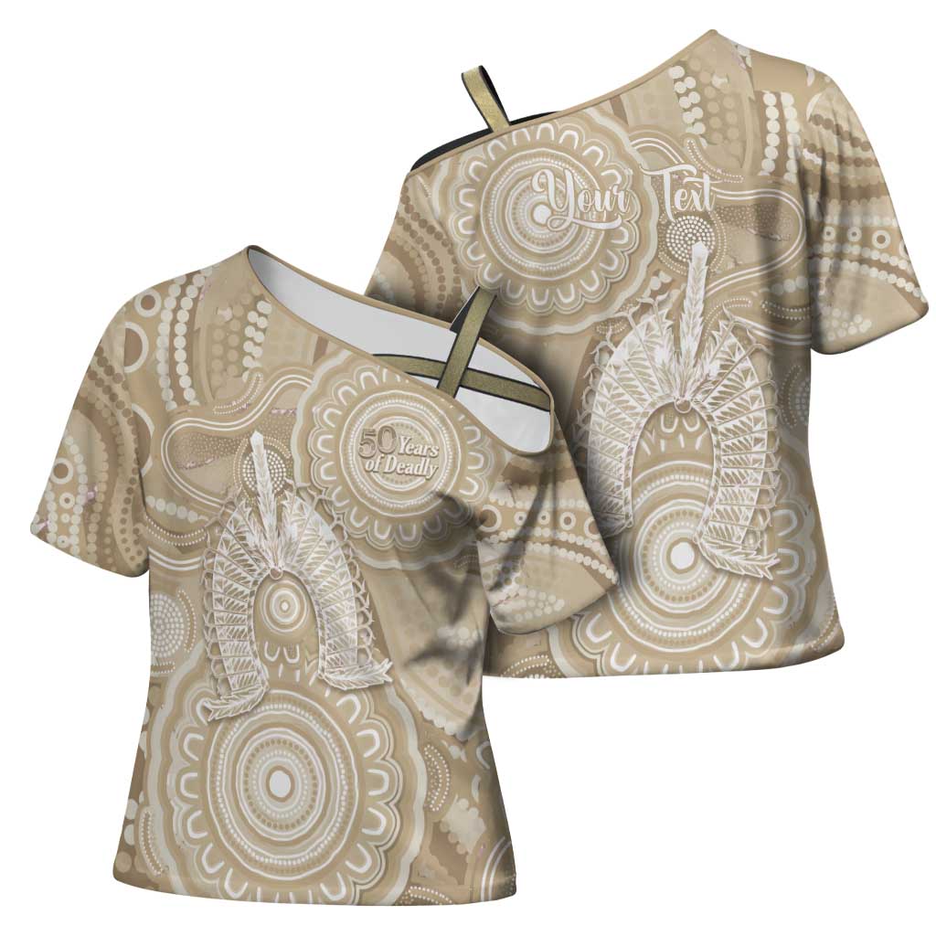 50 Years Deadly NAIDOC Week 2026 Personalised Cross Shoulder Shirt Dhari Beige Indigenous Art