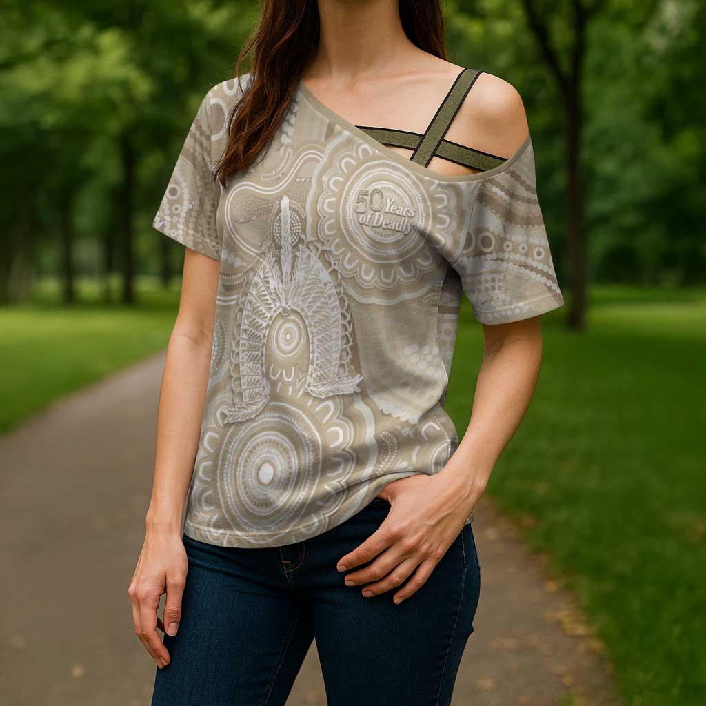 50 Years Deadly NAIDOC Week 2026 Personalised Cross Shoulder Shirt Dhari Beige Indigenous Art