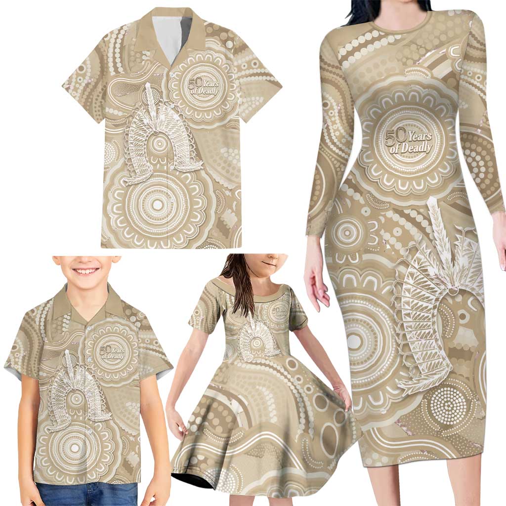 50 Years Deadly NAIDOC Week 2026 Personalised Family Matching Long Sleeve Bodycon Dress and Hawaiian Shirt Dhari Beige Indigenous Art