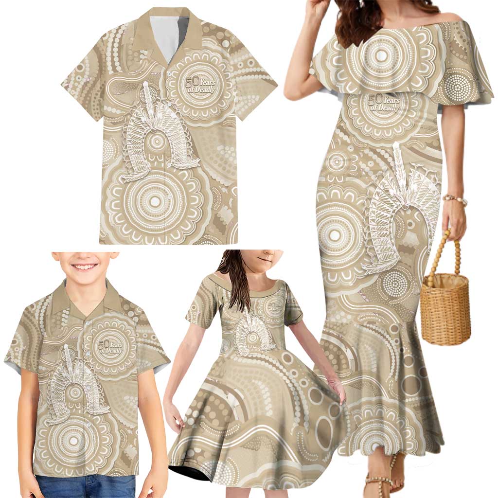 50 Years Deadly NAIDOC Week 2026 Personalised Family Matching Mermaid Dress and Hawaiian Shirt Dhari Beige Indigenous Art