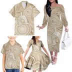 50 Years Deadly NAIDOC Week 2026 Personalised Family Matching Off The Shoulder Long Sleeve Dress and Hawaiian Shirt Dhari Beige Indigenous Art