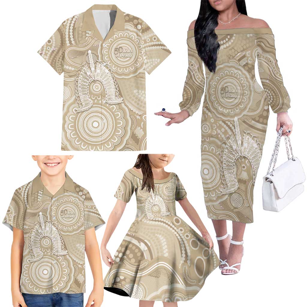 50 Years Deadly NAIDOC Week 2026 Personalised Family Matching Off The Shoulder Long Sleeve Dress and Hawaiian Shirt Dhari Beige Indigenous Art