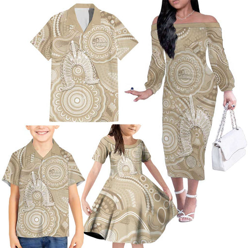 50 Years Deadly NAIDOC Week 2026 Personalised Family Matching Off The Shoulder Long Sleeve Dress and Hawaiian Shirt Dhari Beige Indigenous Art