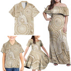 50 Years Deadly NAIDOC Week 2026 Personalised Family Matching Off Shoulder Maxi Dress and Hawaiian Shirt Dhari Beige Indigenous Art