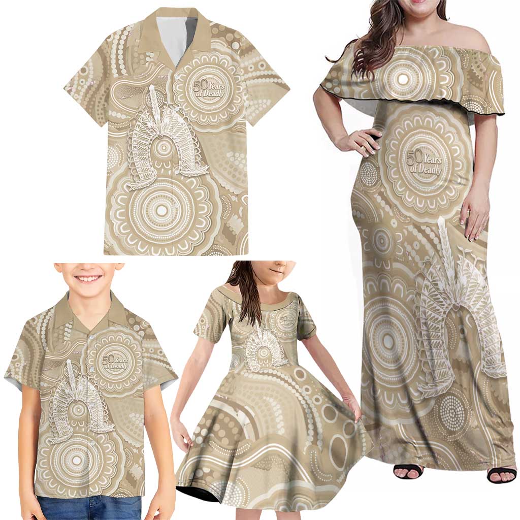 50 Years Deadly NAIDOC Week 2026 Personalised Family Matching Off Shoulder Maxi Dress and Hawaiian Shirt Dhari Beige Indigenous Art
