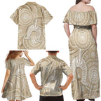 50 Years Deadly NAIDOC Week 2026 Personalised Family Matching Off Shoulder Maxi Dress and Hawaiian Shirt Dhari Beige Indigenous Art