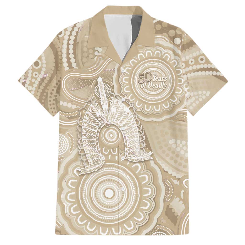 50 Years Deadly NAIDOC Week 2026 Personalised Family Matching Off Shoulder Maxi Dress and Hawaiian Shirt Dhari Beige Indigenous Art
