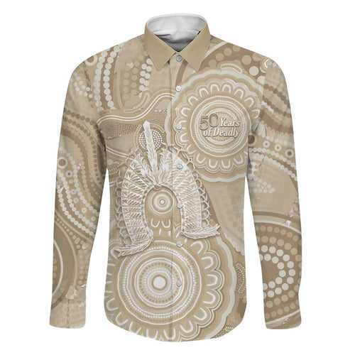50 Years Deadly NAIDOC Week 2026 Personalised Family Matching Off Shoulder Maxi Dress and Hawaiian Shirt Dhari Beige Indigenous Art