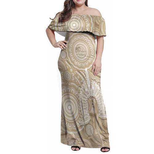 50 Years Deadly NAIDOC Week 2026 Personalised Family Matching Off Shoulder Maxi Dress and Hawaiian Shirt Dhari Beige Indigenous Art