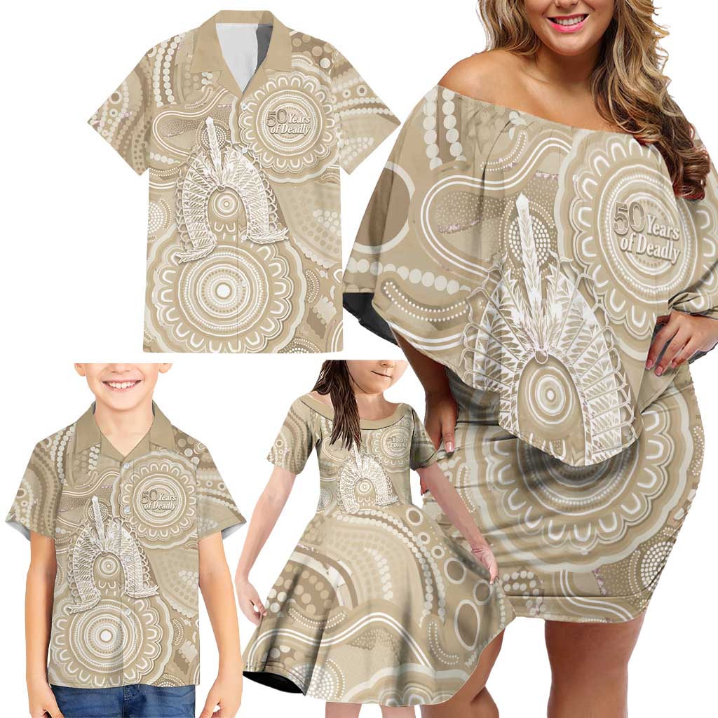 50 Years Deadly NAIDOC Week 2026 Personalised Family Matching Off Shoulder Short Dress and Hawaiian Shirt Dhari Beige Indigenous Art