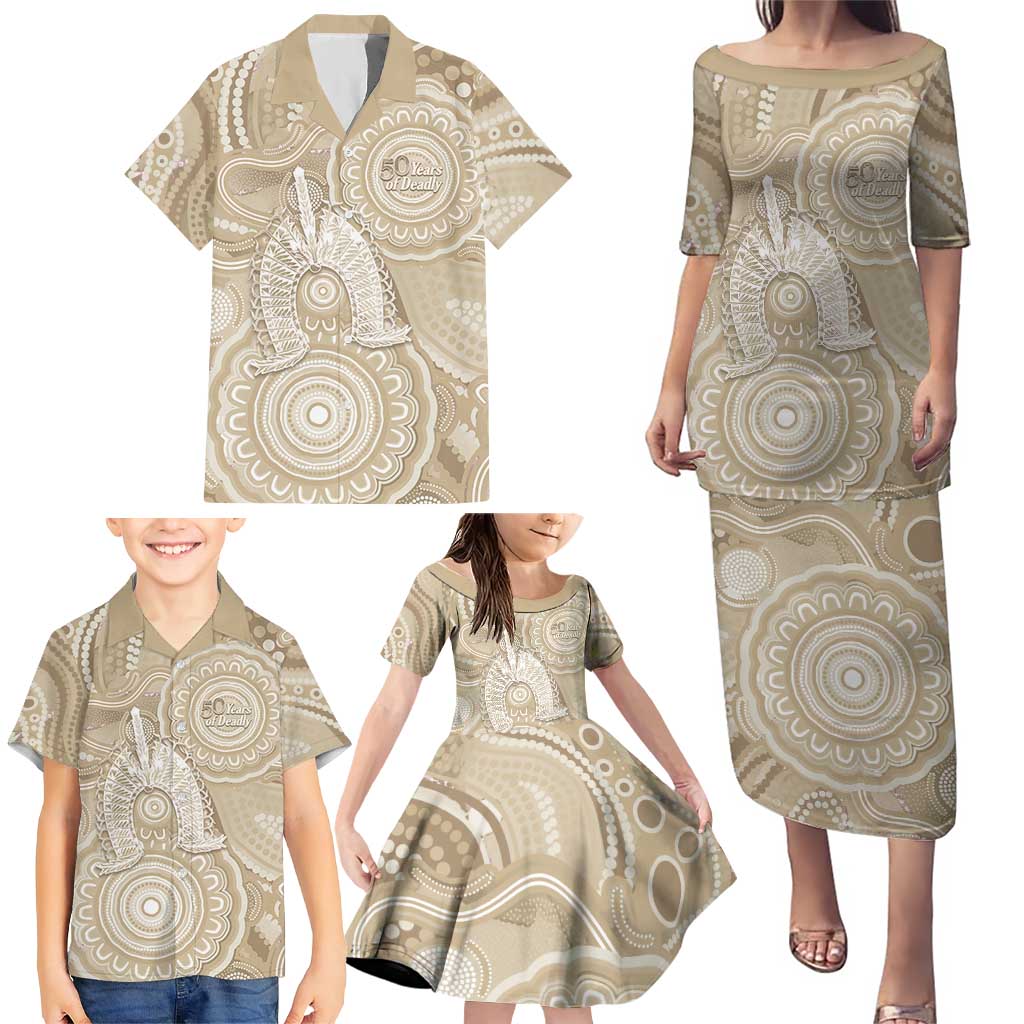 50 Years Deadly NAIDOC Week 2026 Personalised Family Matching Puletasi and Hawaiian Shirt Dhari Beige Indigenous Art