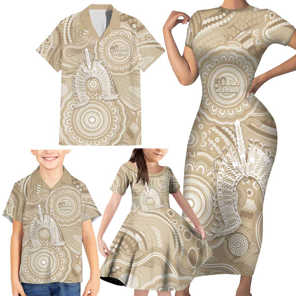 50 Years Deadly NAIDOC Week 2026 Personalised Family Matching Short Sleeve Bodycon Dress and Hawaiian Shirt Dhari Beige Indigenous Art