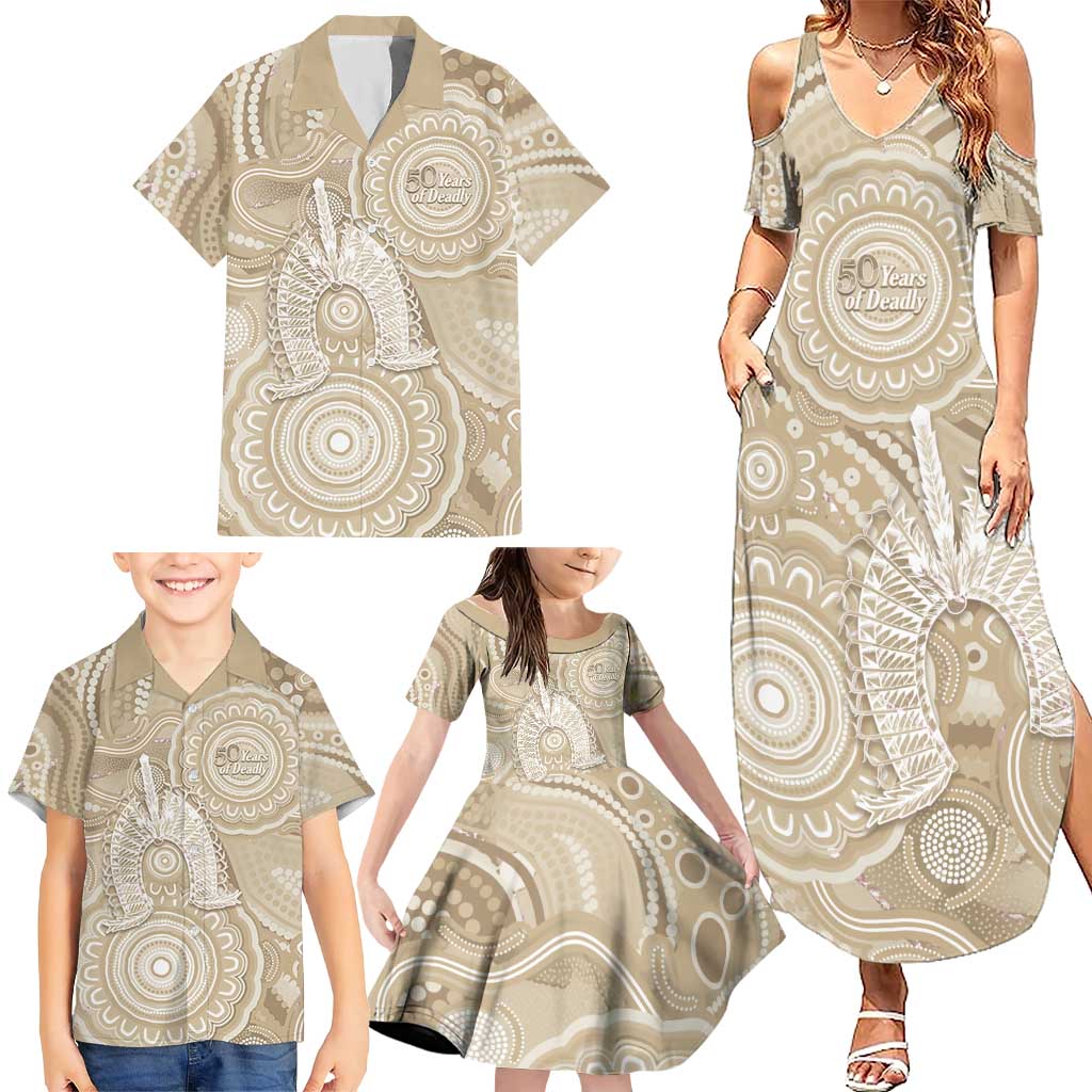 50 Years Deadly NAIDOC Week 2026 Personalised Family Matching Summer Maxi Dress and Hawaiian Shirt Dhari Beige Indigenous Art