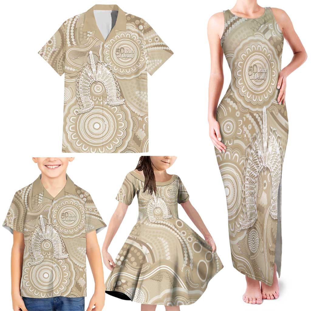 50 Years Deadly NAIDOC Week 2026 Personalised Family Matching Tank Maxi Dress and Hawaiian Shirt Dhari Beige Indigenous Art