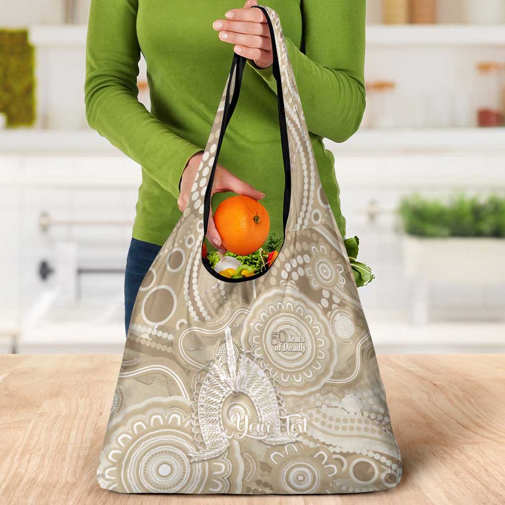 50 Years Deadly NAIDOC Week 2026 Personalised Grocery Bag Dhari Beige Indigenous Art