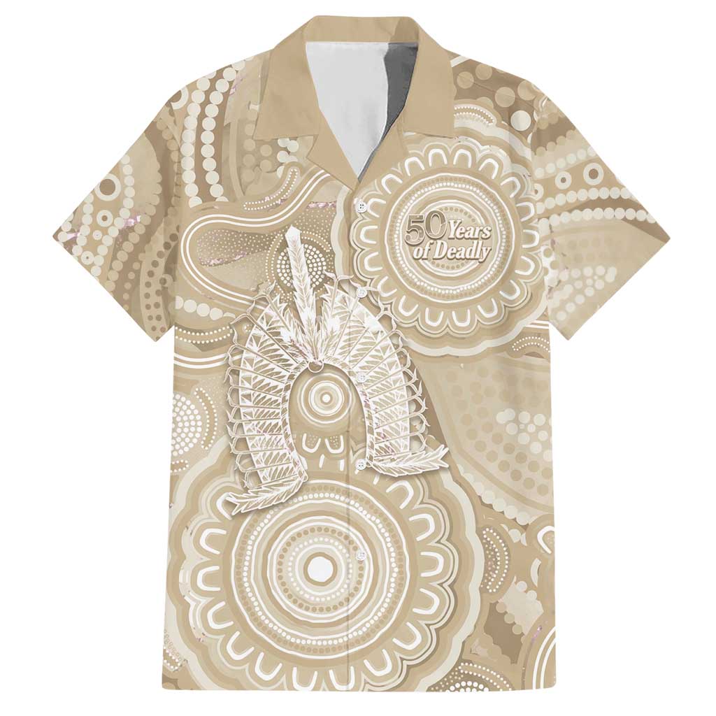 50 Years Deadly NAIDOC Week 2026 Personalised Hawaiian Shirt Dhari Beige Indigenous Art
