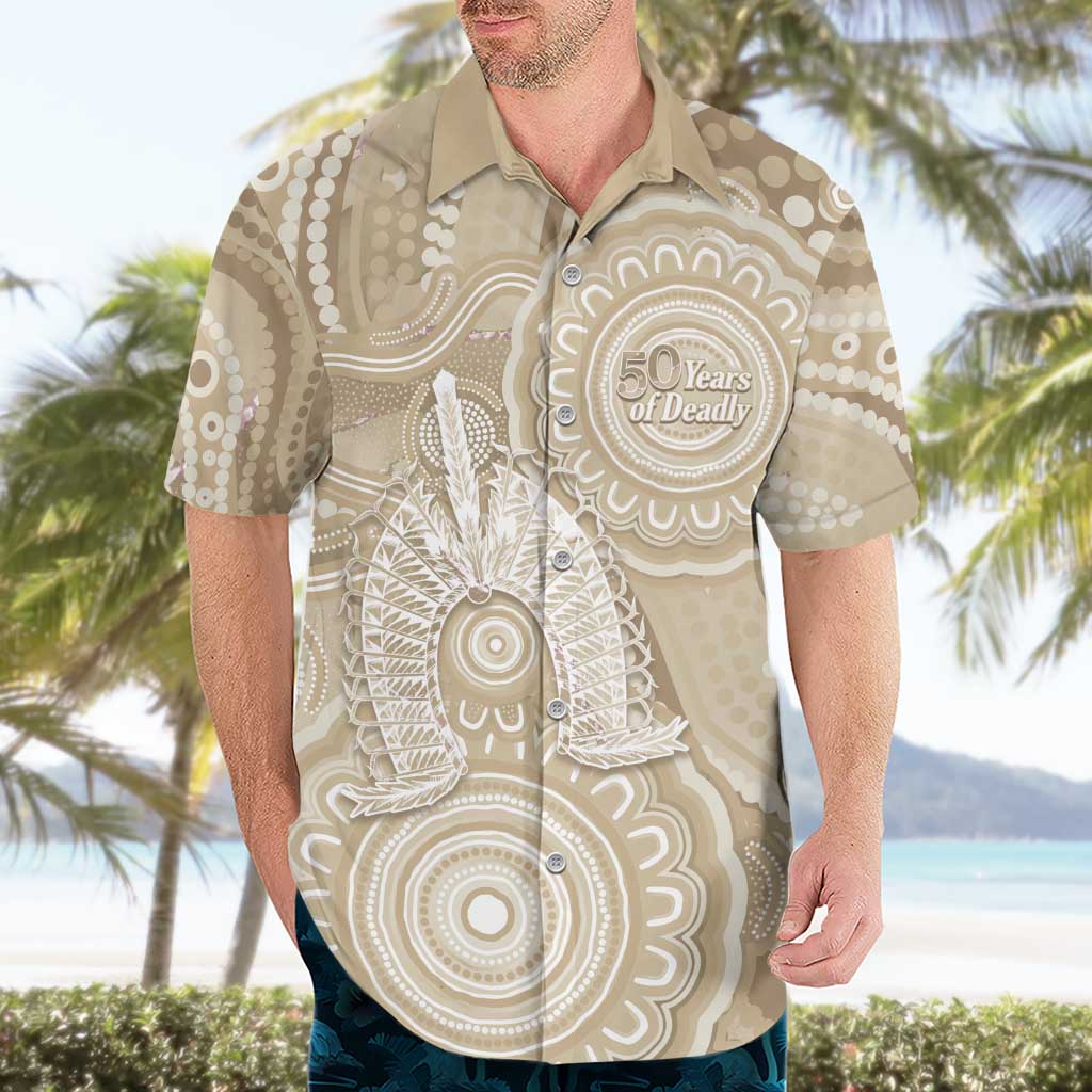 50 Years Deadly NAIDOC Week 2026 Personalised Hawaiian Shirt Dhari Beige Indigenous Art