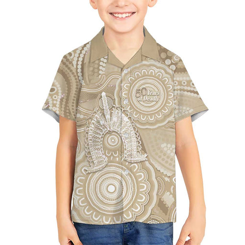 50 Years Deadly NAIDOC Week 2026 Personalised Hawaiian Shirt Dhari Beige Indigenous Art