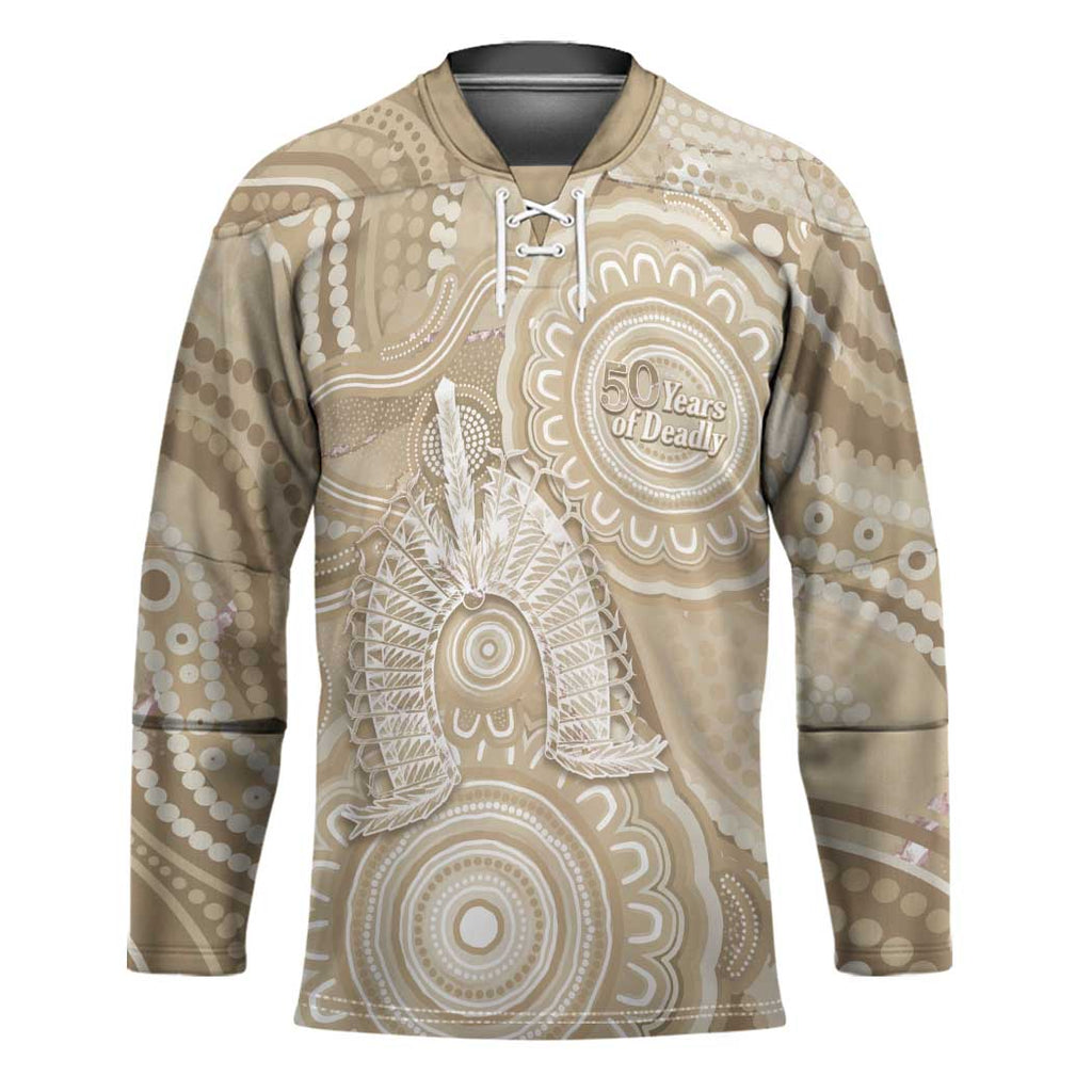 50 Years Deadly NAIDOC Week 2026 Personalised Hockey Jersey Dhari Beige Indigenous Art