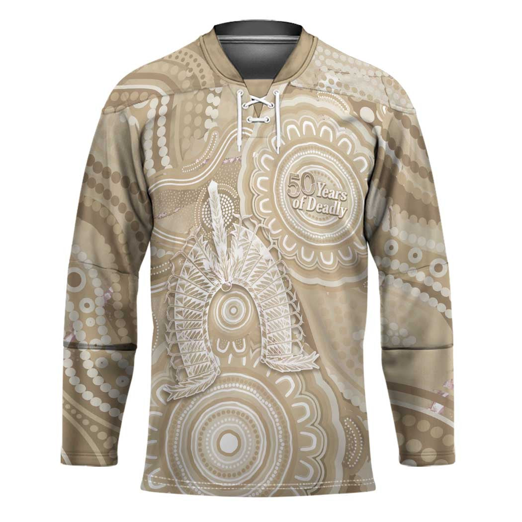 50 Years Deadly NAIDOC Week 2026 Personalised Hockey Jersey Dhari Beige Indigenous Art