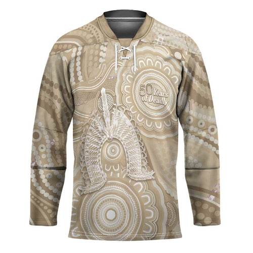 50 Years Deadly NAIDOC Week 2026 Personalised Hockey Jersey Dhari Beige Indigenous Art