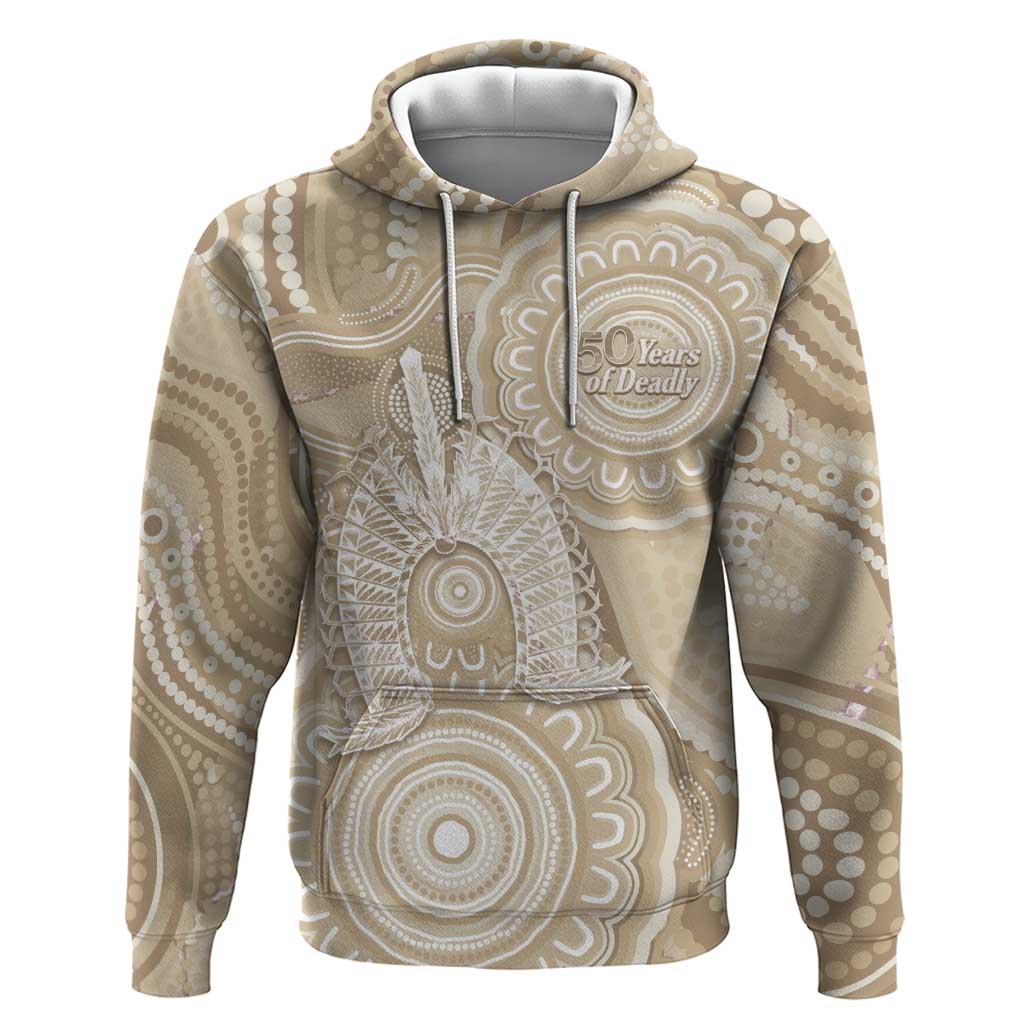 50 Years Deadly NAIDOC Week 2026 Personalised Hoodie Dhari Beige Indigenous Art
