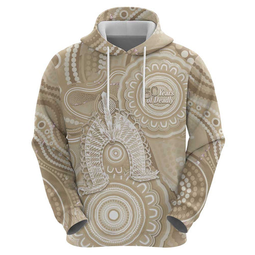 50 Years Deadly NAIDOC Week 2026 Personalised Hoodie Dhari Beige Indigenous Art