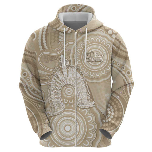50 Years Deadly NAIDOC Week 2026 Personalised Hoodie Dhari Beige Indigenous Art
