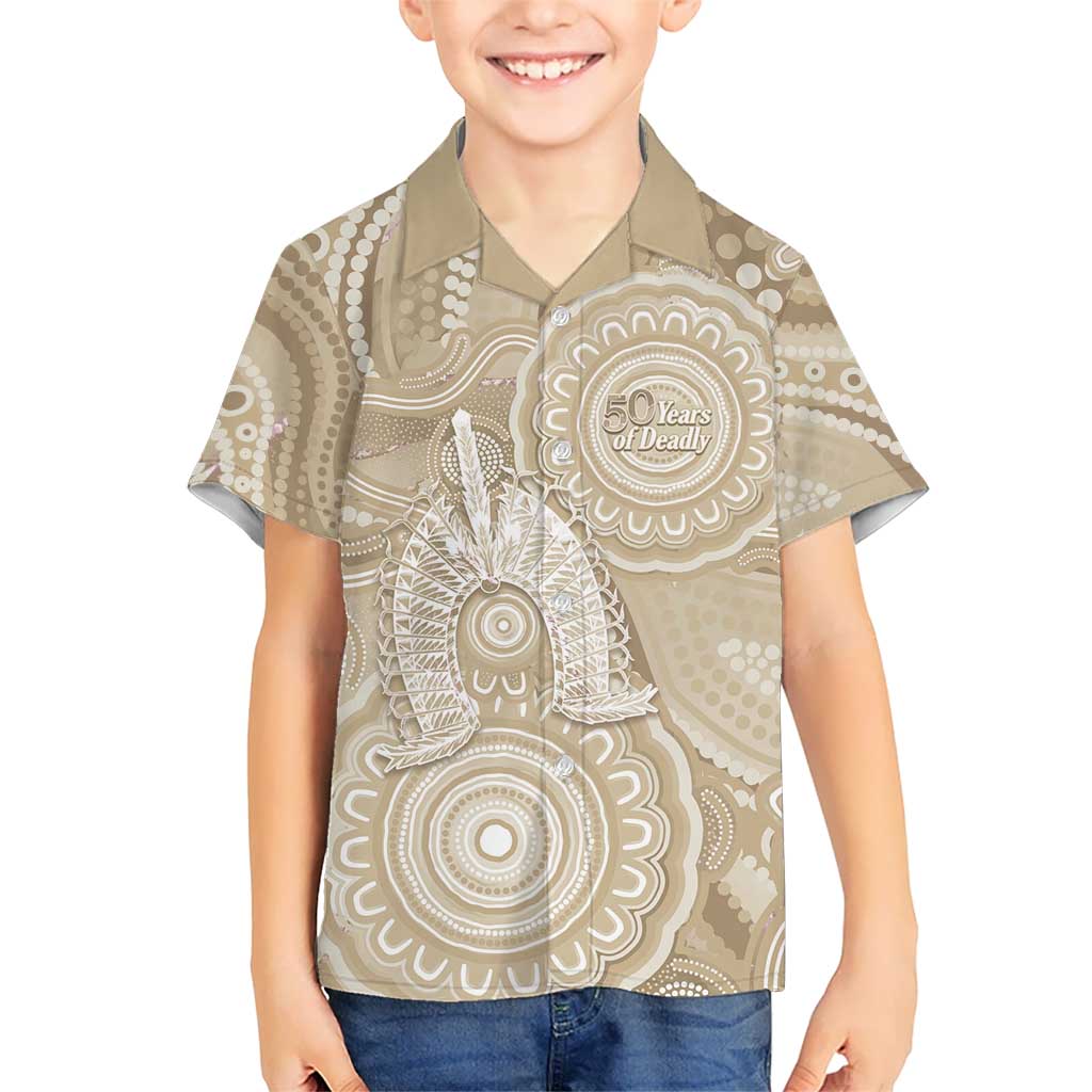 50 Years Deadly NAIDOC Week 2026 Personalised Kid Hawaiian Shirt Dhari Beige Indigenous Art