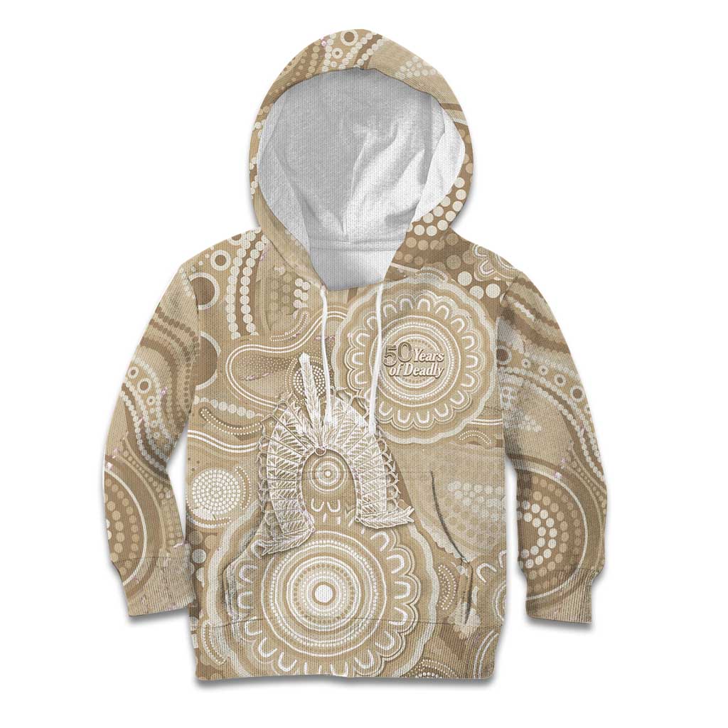 50 Years Deadly NAIDOC Week 2026 Personalised Kid Hoodie Dhari Beige Indigenous Art